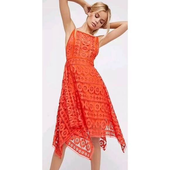 Free People Just Like Honey‎ Mini Dress Size 2 Orange Lace Fully Lined Halter - Picture 1 of 8